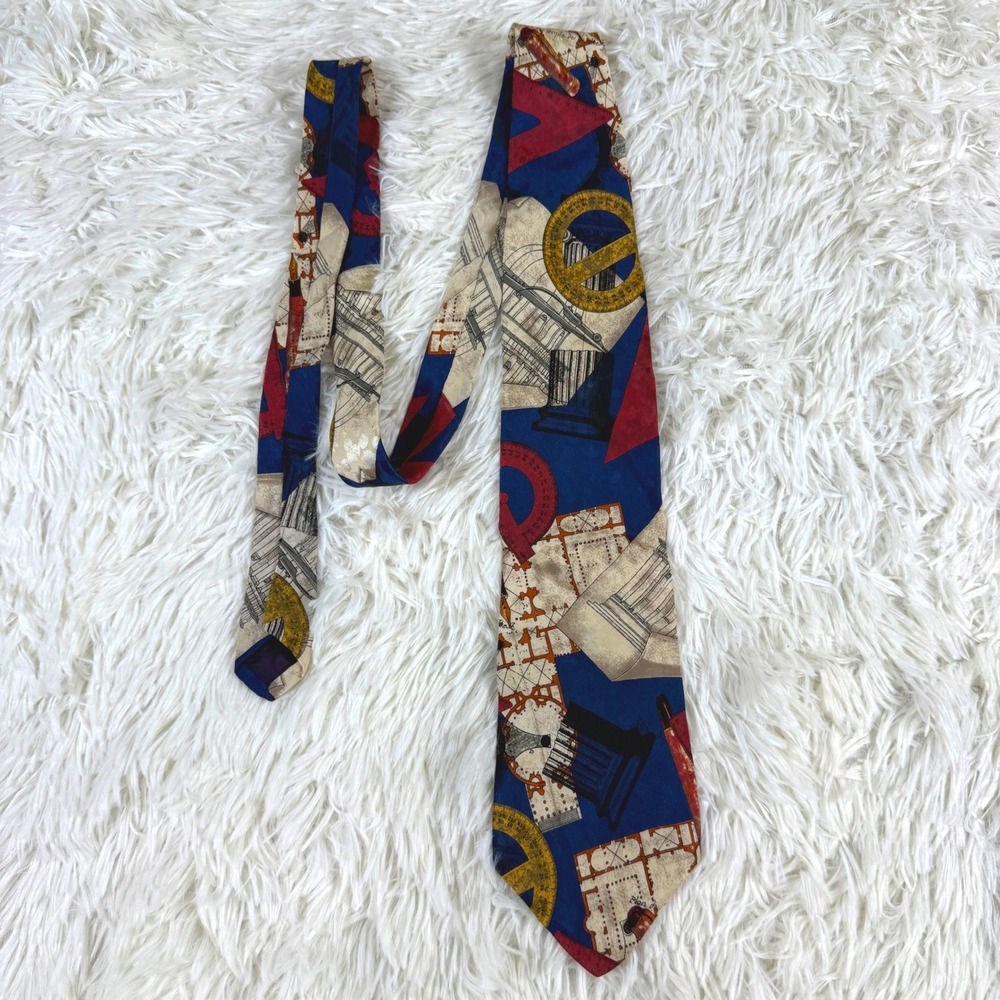 Vintage Structure Mens Silk Neck Tie Blue Blueprint Architecture Engineer Print